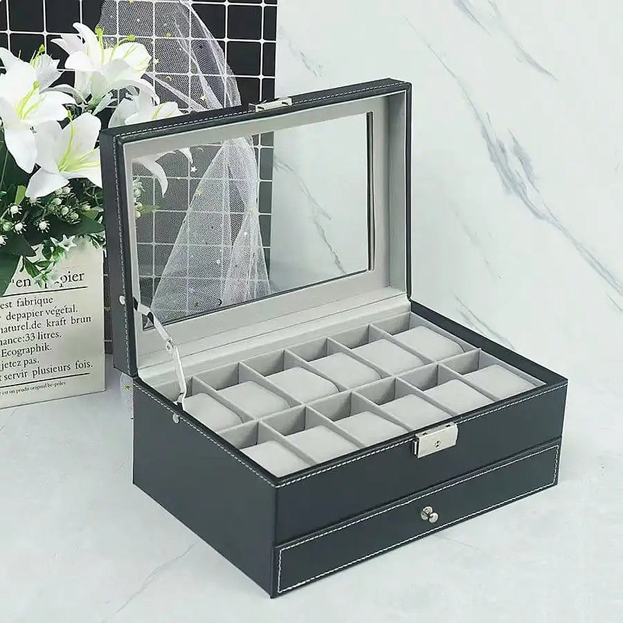 12-Slot Watch Box with Drawer, - Luxury Watch Case recension och pris