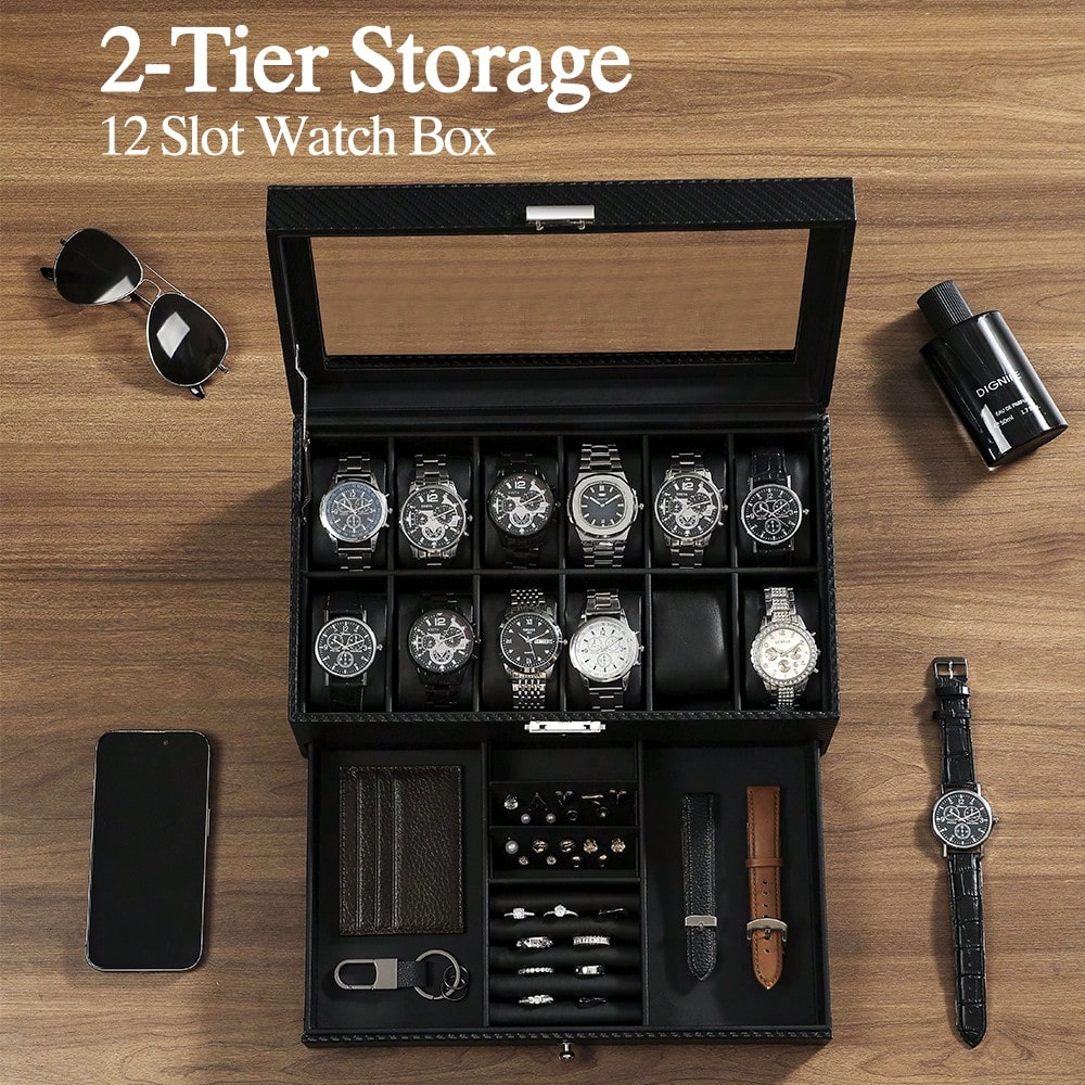 12 Slot Leather Watch Box with - Luxury Watch Tier recension och pris